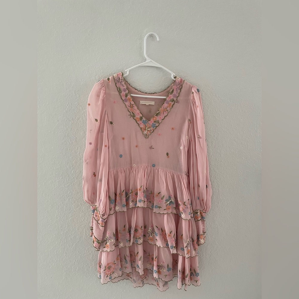 LoveShackFancy Pink Floral Long Sleeve Tiered Mini Dress